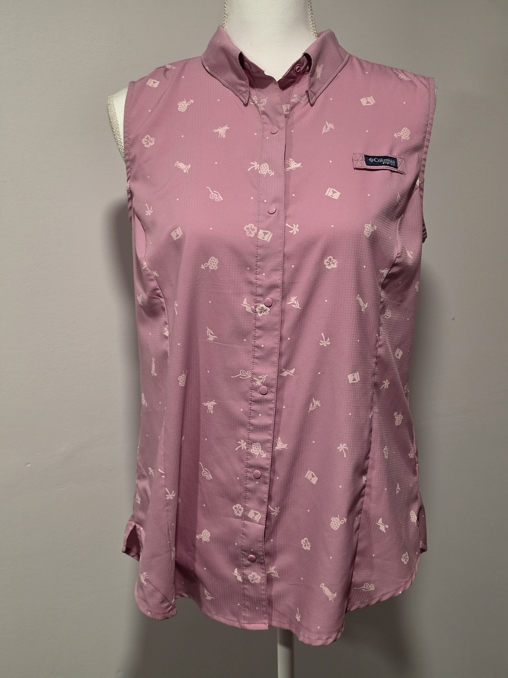Columbia Women’s Sleeveless Pink Summer Printed Button-Front Blouse Size Large